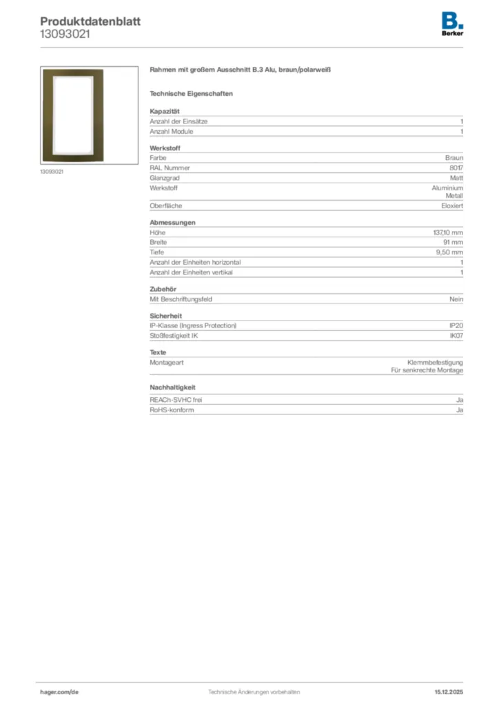 Bild Berker Produktdatenblatt 13093021 | Hager Deutschland