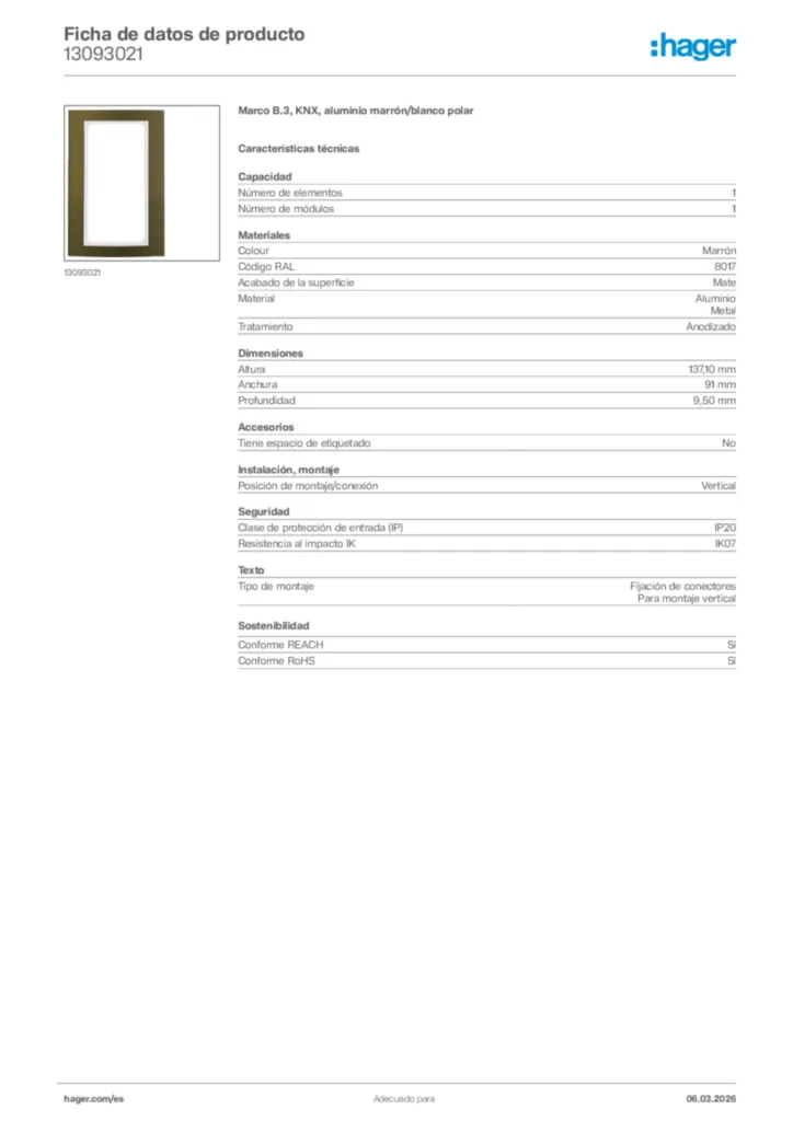 Imagen Hager Ficha de datos de producto 13093021 | Hager España