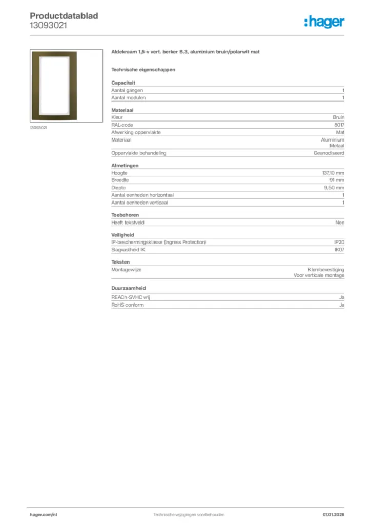 Afbeelding Hager Productdatablad 13093021 | Hager Nederland