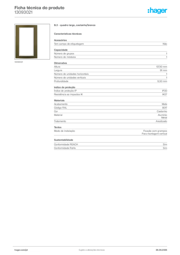 Imagem Hager Ficha técnica do produto 13093021 | Hager Portugal