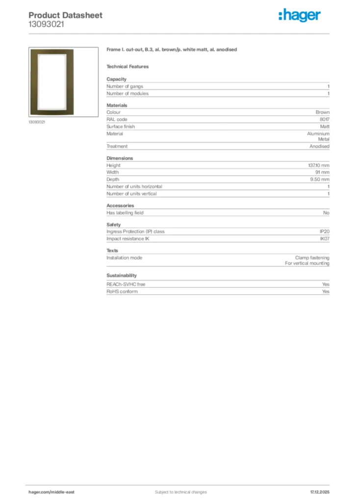 Image Hager Product data sheet 13093021  | Hager