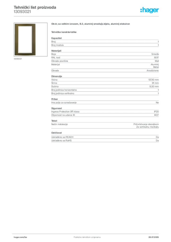 Slika Hager Product data sheet 13093021  | Hager