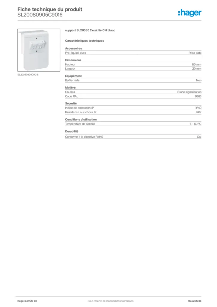 Image Hager Fiche technique du produit SL20080905C9016 | Hager Suisse