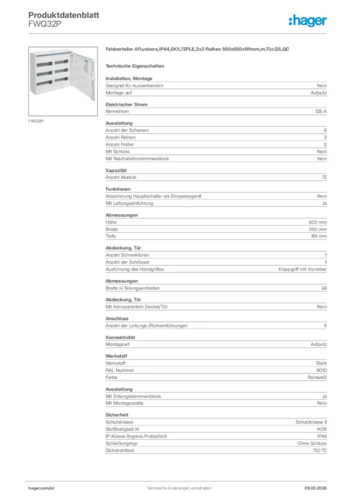 Bild Hager Produktdatenblatt FWQ32P | Hager Deutschland