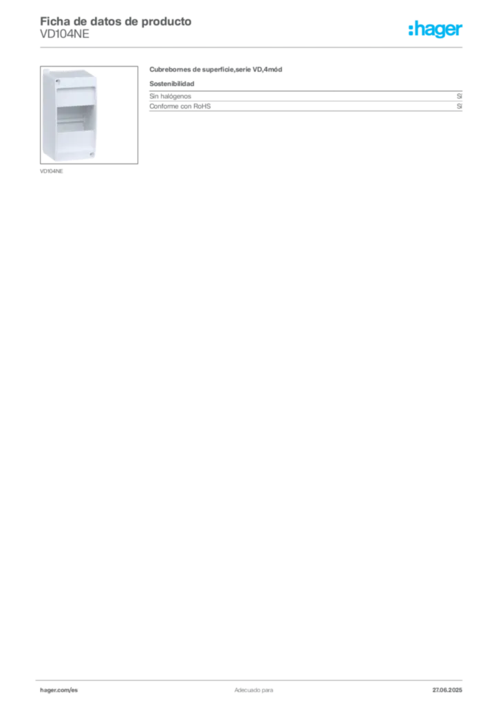 Imagen Hager Ficha de datos de producto VD104NE | Hager España