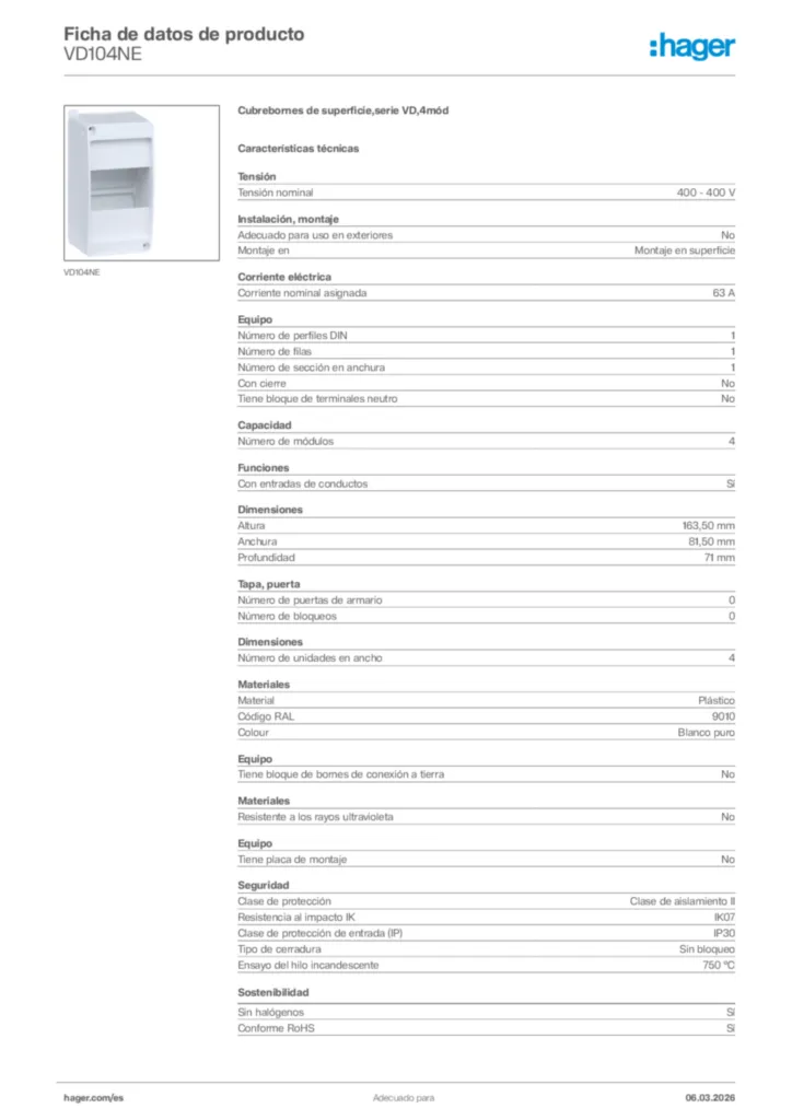 Imagen Hager Ficha de datos de producto VD104NE | Hager España