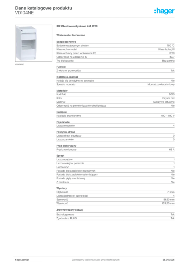 Zdjęcie Hager Karta katalogowa VD104NE | Hager Polska