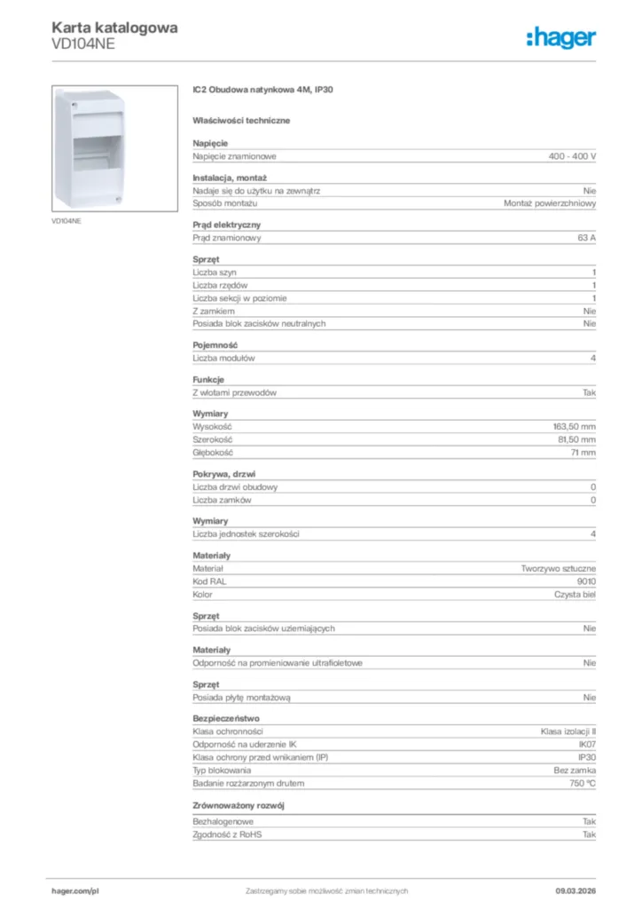 Zdjęcie Hager Karta katalogowa VD104NE | Hager Polska