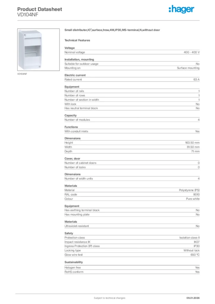 Image Hager Product data sheet VD104NF  | Hager Africa