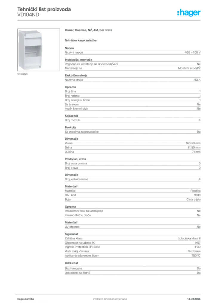 Slika Hager Product data sheet VD104ND  | Hager