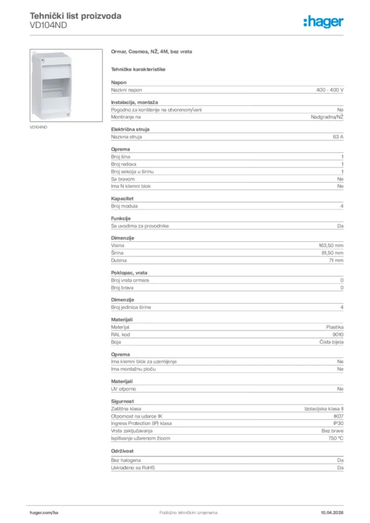 Slika Hager Tehnički list proizvoda VD104ND  | Hager