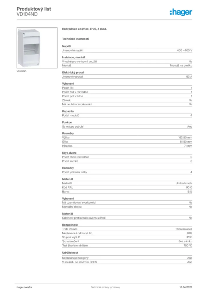 Obrázek Hager Product data sheet VD104ND | Hager
