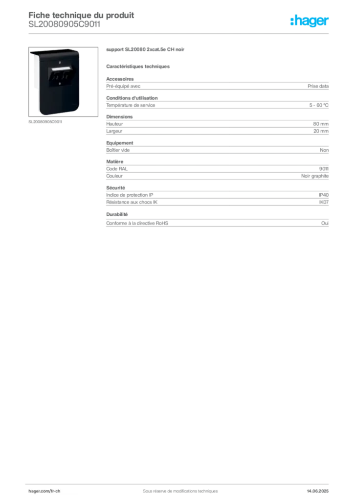 Image Hager Fiche technique du produit SL20080905C9011 | Hager Suisse