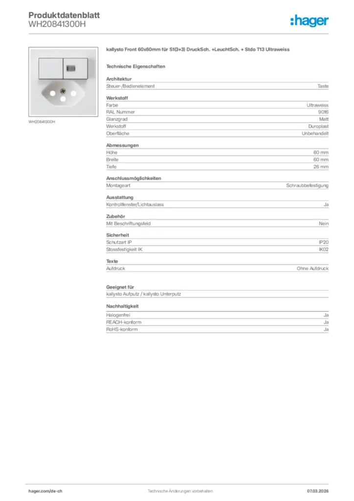 Bild Hager Produktdatenblatt WH20841300H | Hager Schweiz