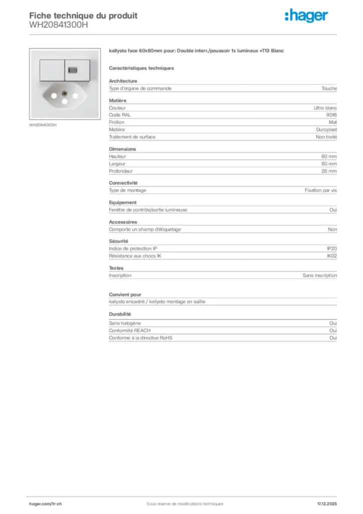 Image Hager Fiche technique du produit WH20841300H | Hager Suisse