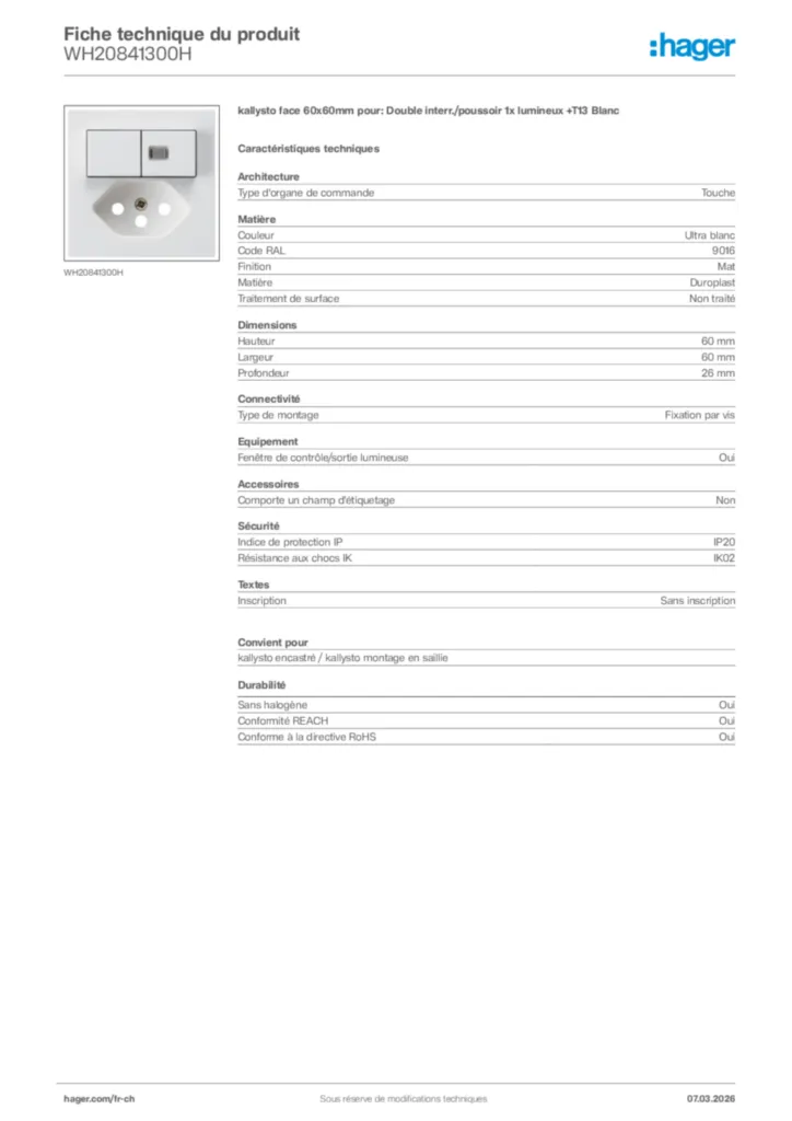 Image Hager Fiche technique du produit WH20841300H | Hager Suisse