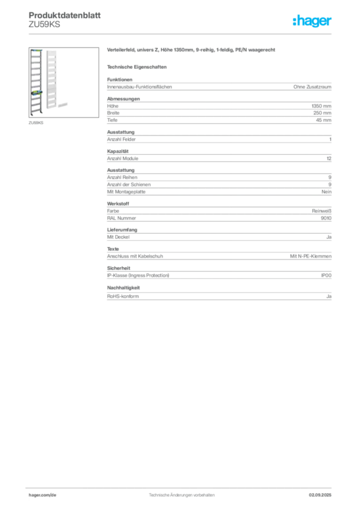 Bild Hager Produktdatenblatt ZU59KS | Hager Deutschland