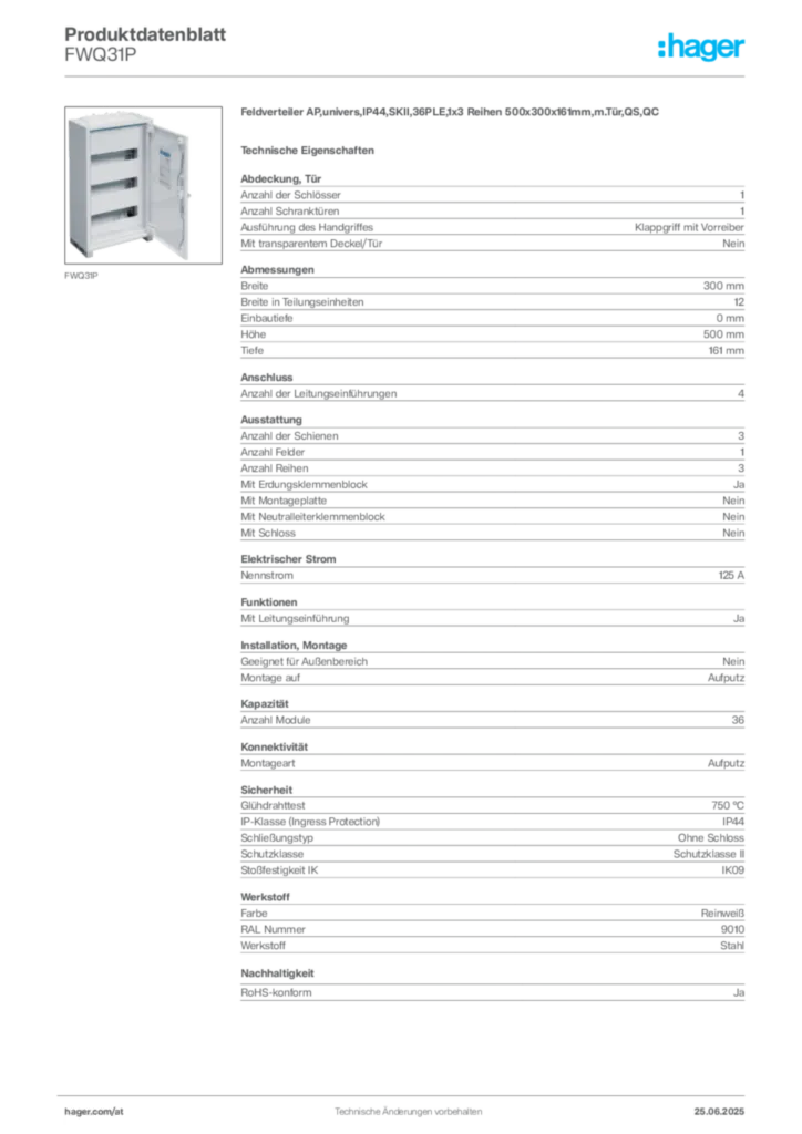 Bild Hager Produktdatenblatt FWQ31P | Hager Deutschland