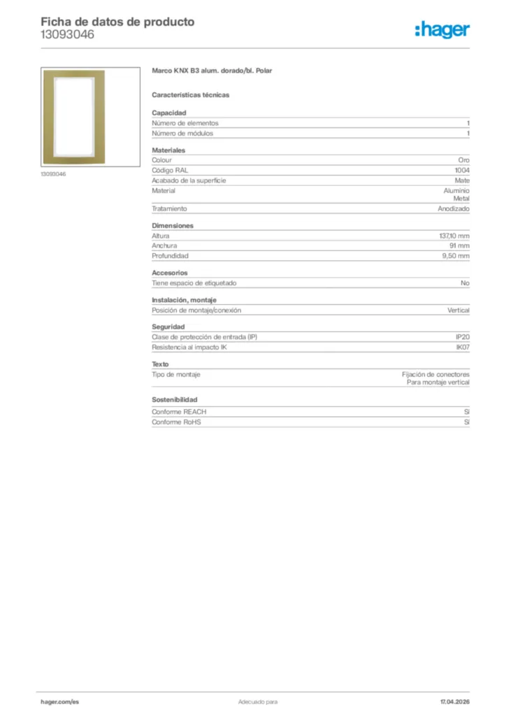 Imagen Hager Ficha de datos de producto 13093046 | Hager España