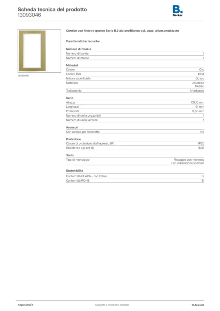 Immagine Berker Scheda tecnica del prodotto 13093046 | Hager Italia