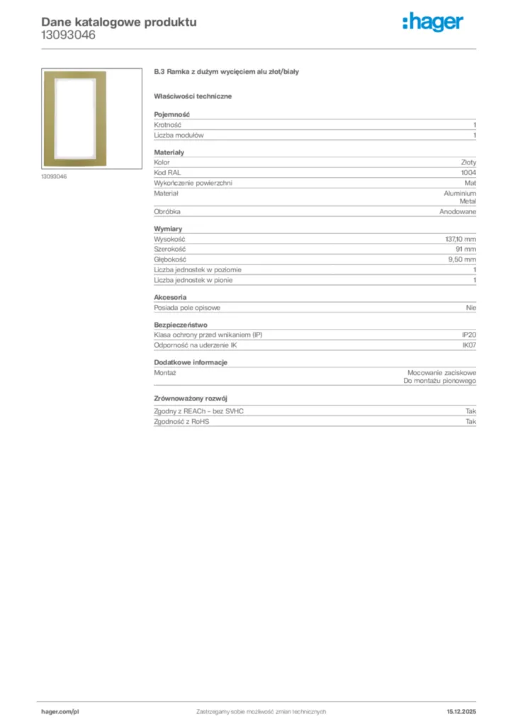 Zdjęcie Hager Karta katalogowa 13093046 | Hager Polska