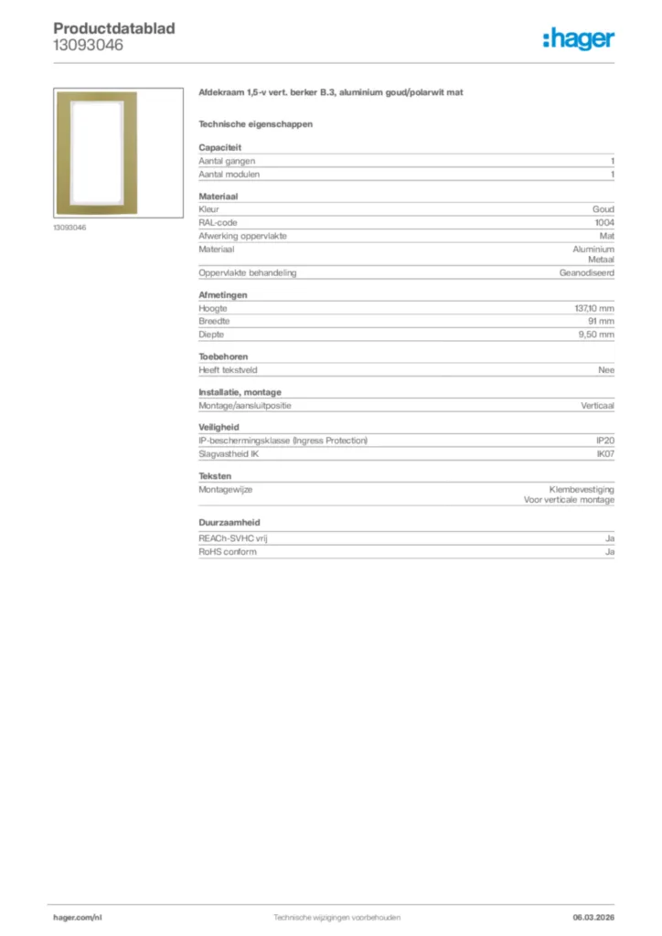 Afbeelding Hager Productdatablad 13093046 | Hager Nederland