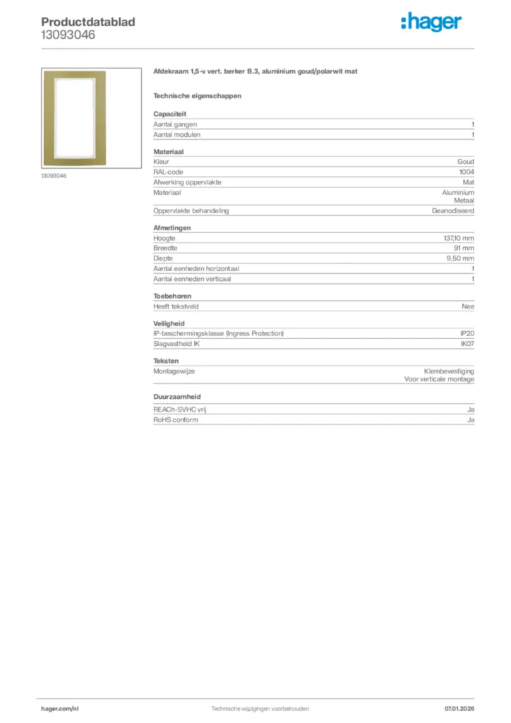 Afbeelding Hager Productdatablad 13093046 | Hager Nederland