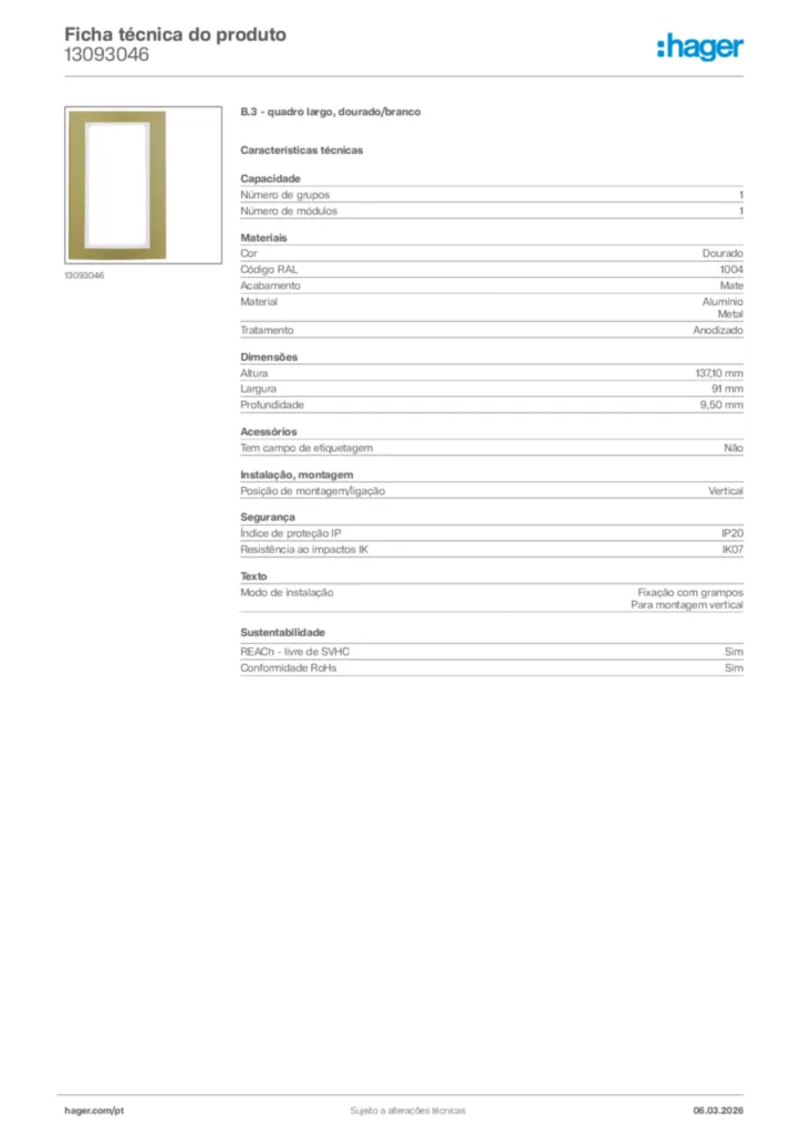 Imagem Hager Ficha técnica do produto 13093046 | Hager Portugal