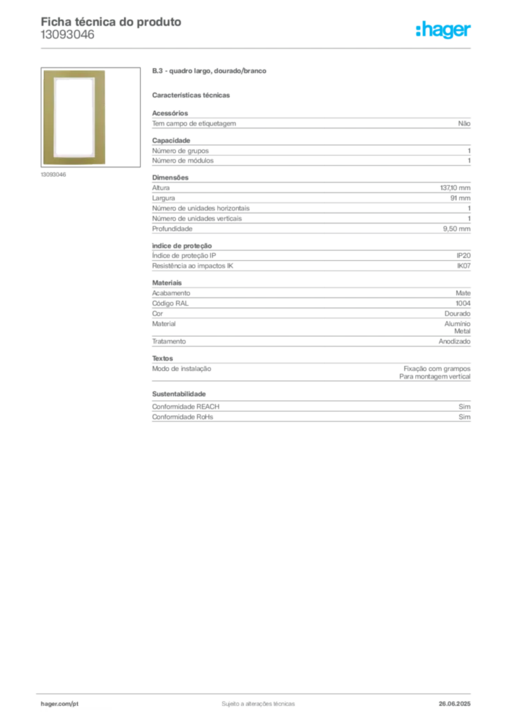 Imagem Hager Ficha técnica do produto 13093046 | Hager Portugal