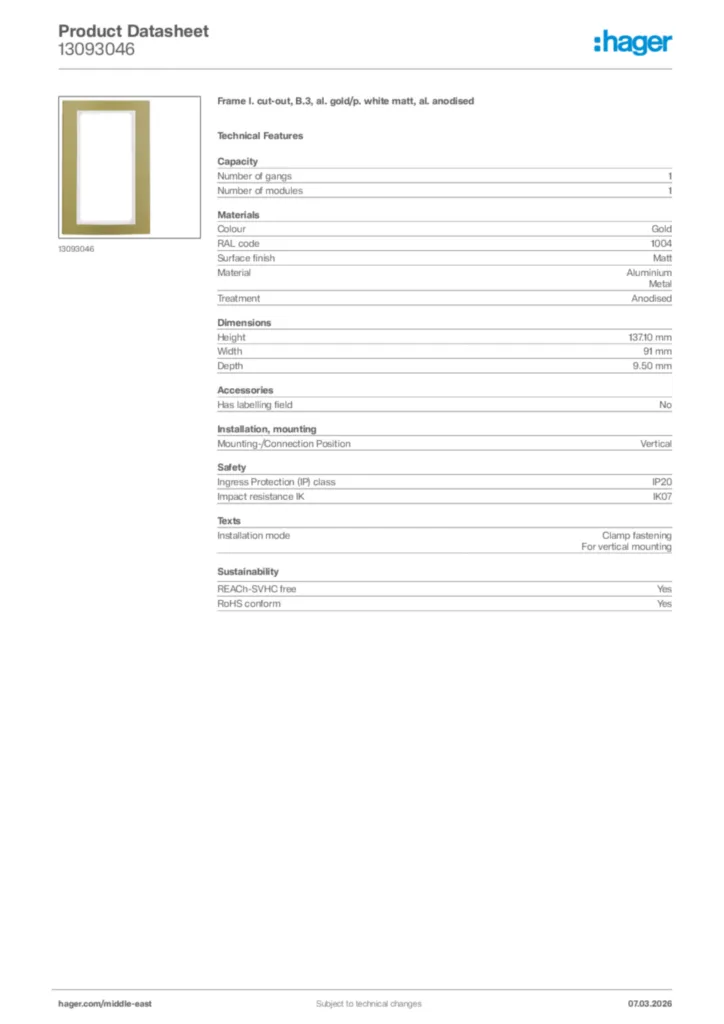 Image Hager Product data sheet 13093046  | Hager