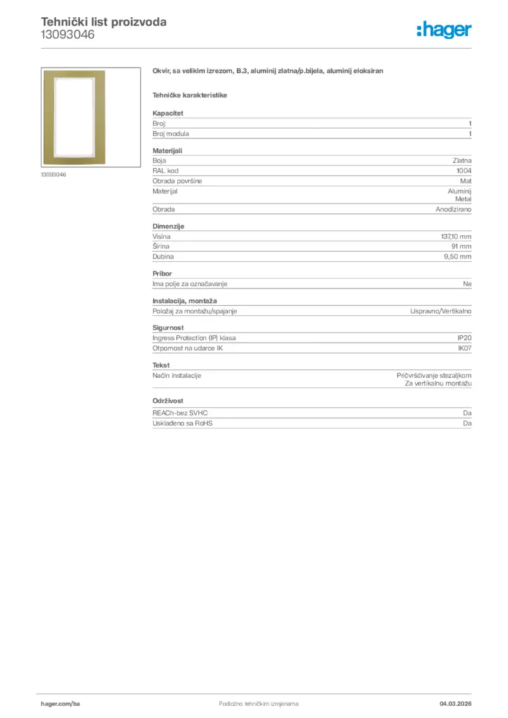 Slika Hager Tehnički list proizvoda 13093046  | Hager