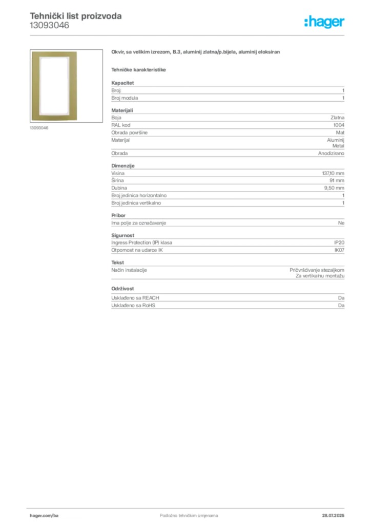 Slika Hager Product data sheet 13093046  | Hager