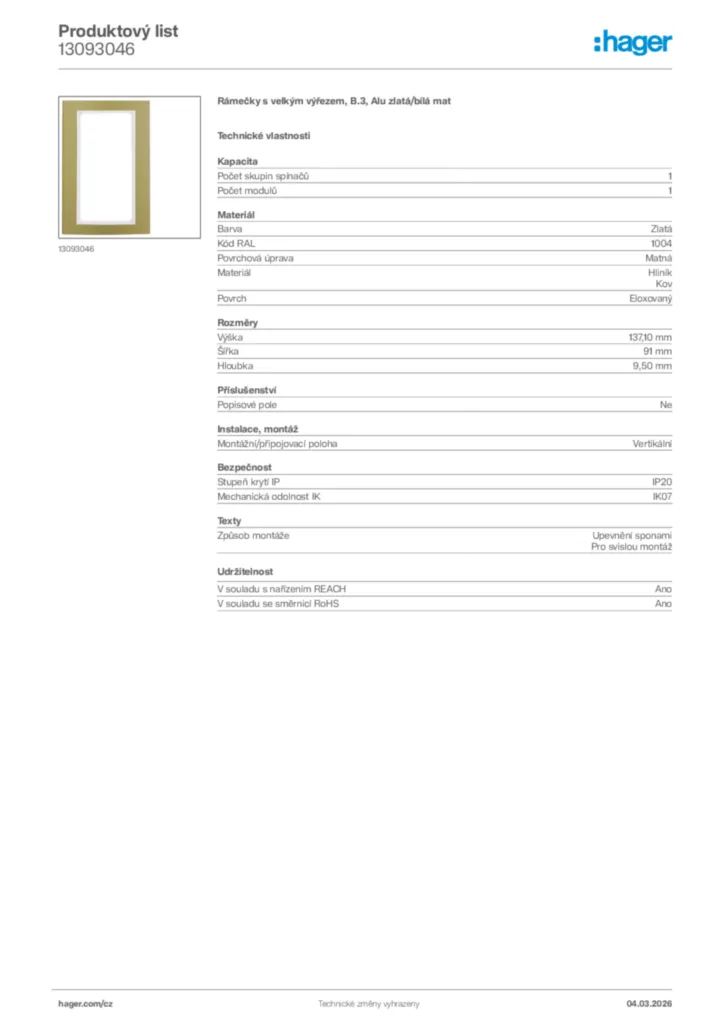 Obrázek Hager Product data sheet 13093046 | Hager