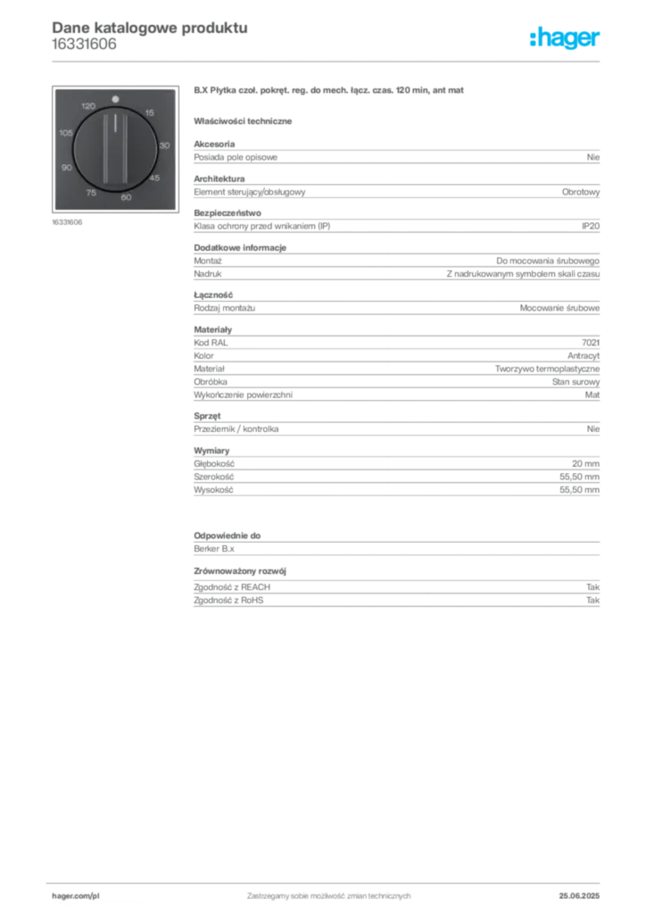 Zdjęcie Hager Karta katalogowa 16331606 | Hager Polska