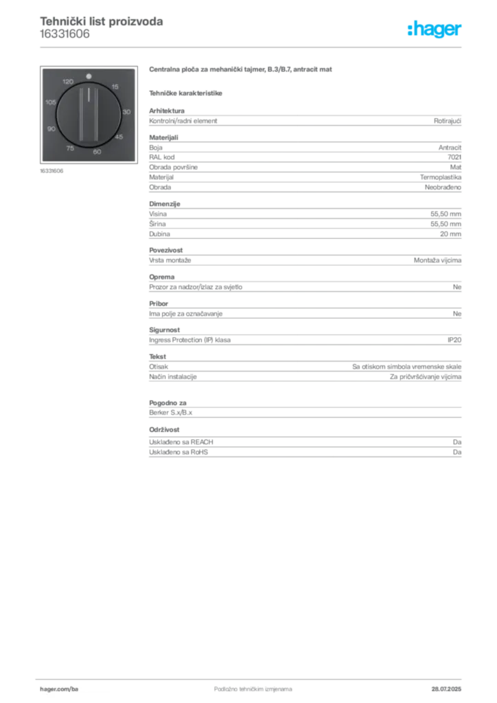 Slika Hager Product data sheet 16331606  | Hager