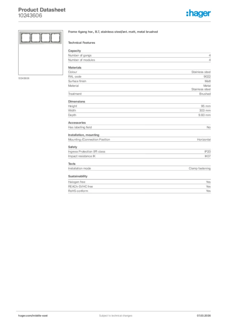 Image Hager Product data sheet 10243606  | Hager