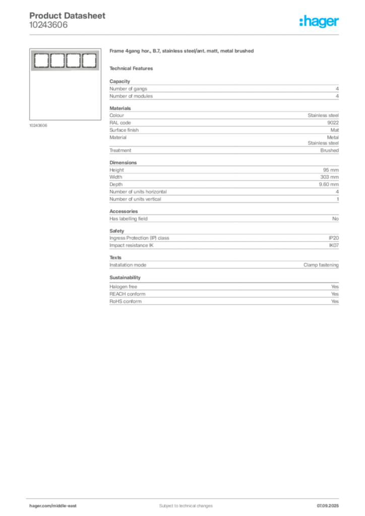 Image Hager Product data sheet 10243606  | Hager