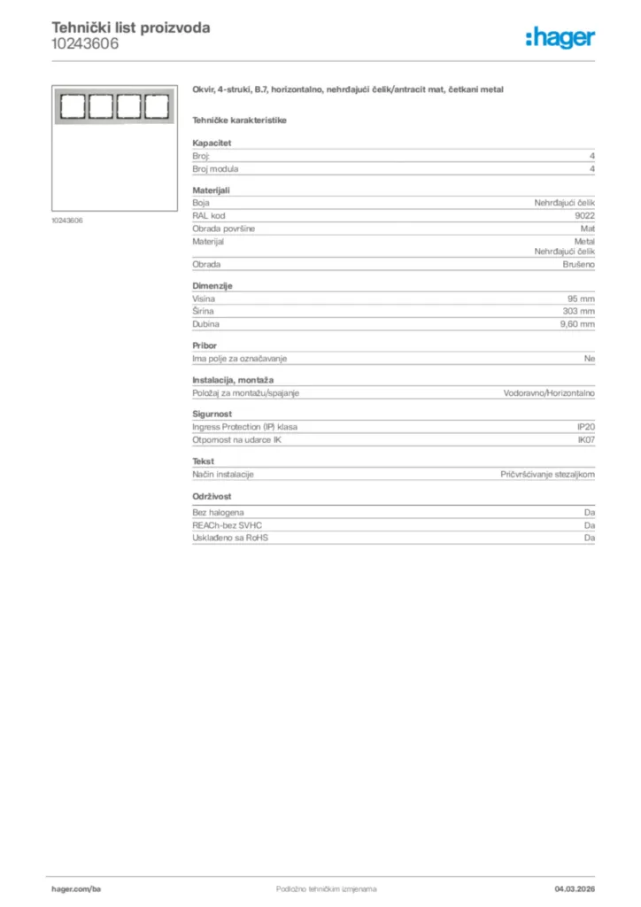 Slika Hager Tehnički list proizvoda 10243606  | Hager