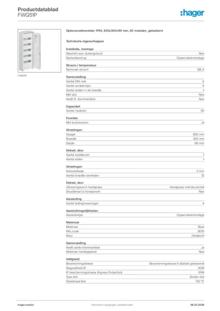 Afbeelding Hager Productdatablad FWQ51P | Hager Nederland