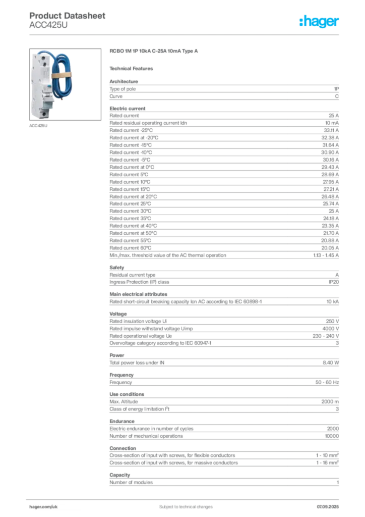 Image Hager Product data sheet ACC425U  | Hager