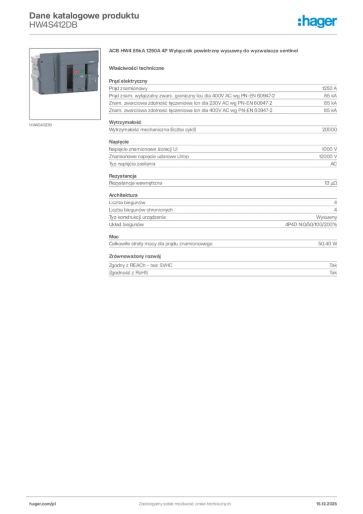Zdjęcie Hager Karta katalogowa HW4S412DB | Hager Polska