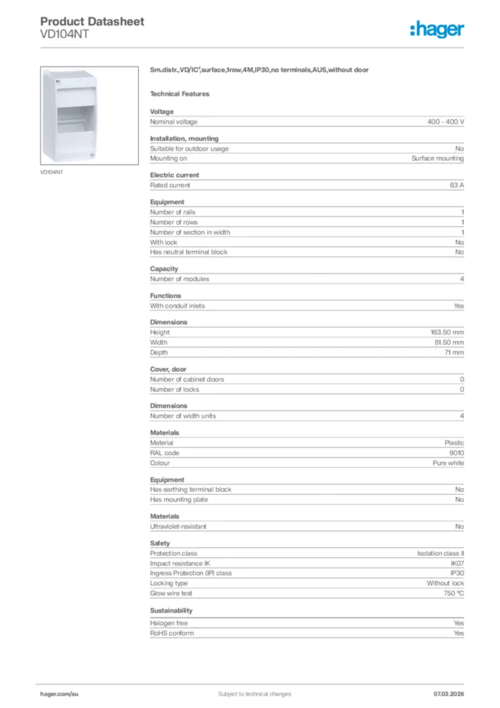 Image Hager Product data sheet VD104NT  | Hager Australia