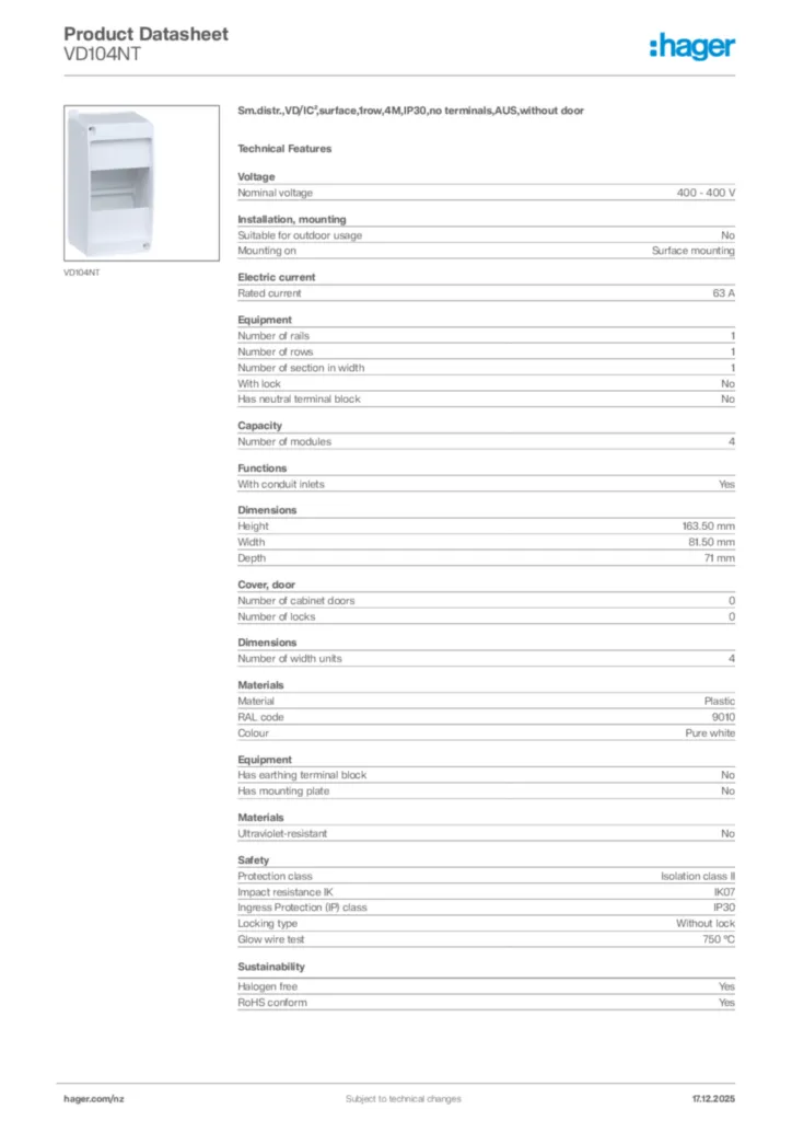 Image Hager Product data sheet VD104NT  | Hager New Zealand