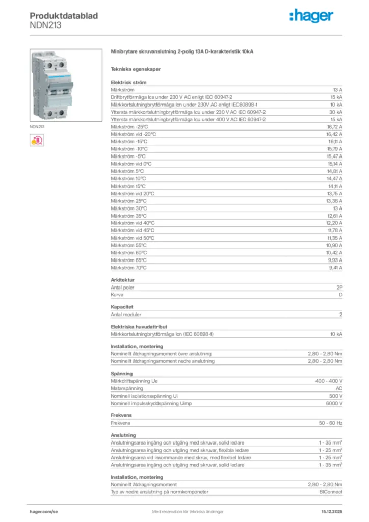 Bild Hager Produktdatablad NDN213 | Hager Sverige