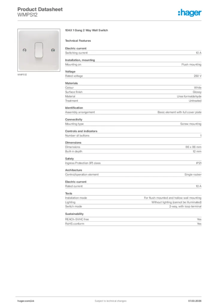 Image Hager Product data sheet WMPS12  | Hager