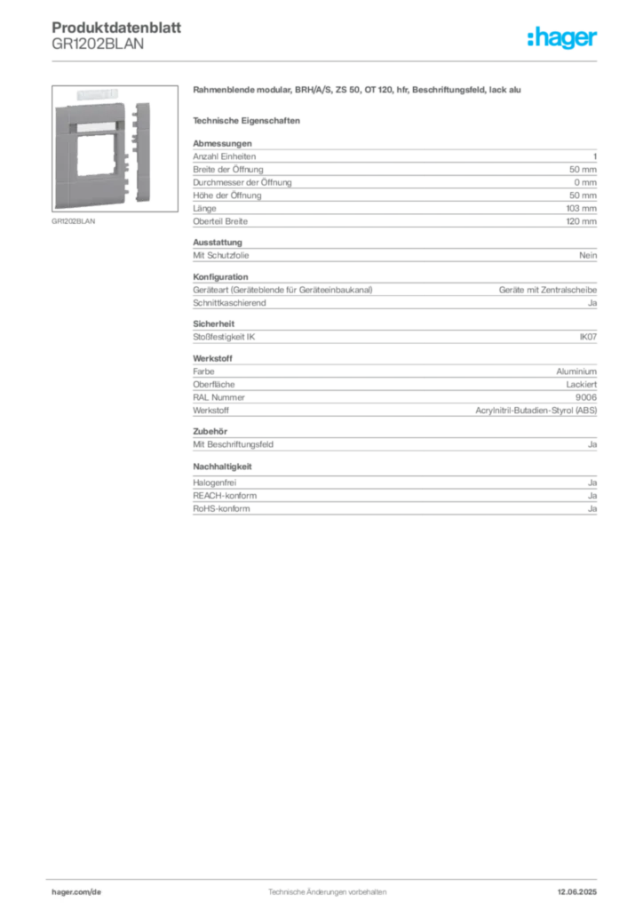 Bild Hager Produktdatenblatt GR1202BLAN | Hager Deutschland