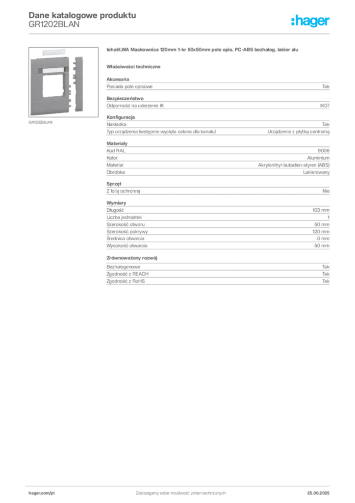 Zdjęcie Hager Karta katalogowa GR1202BLAN | Hager Polska
