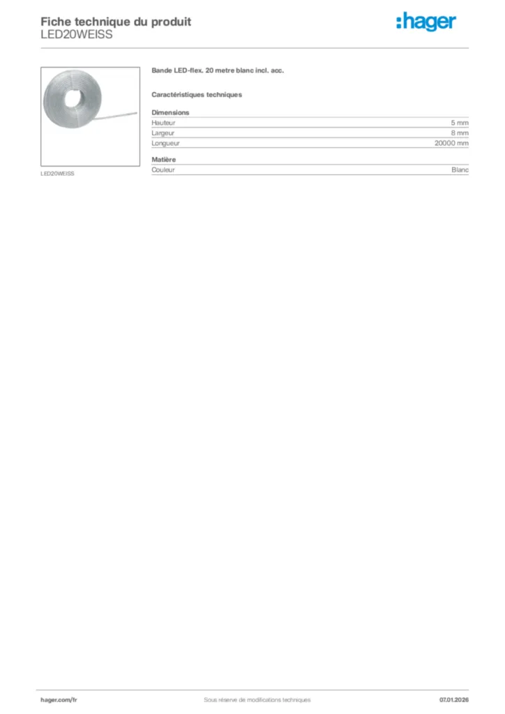 Image Hager Fiche technique du produit LED20WEISS | Hager France