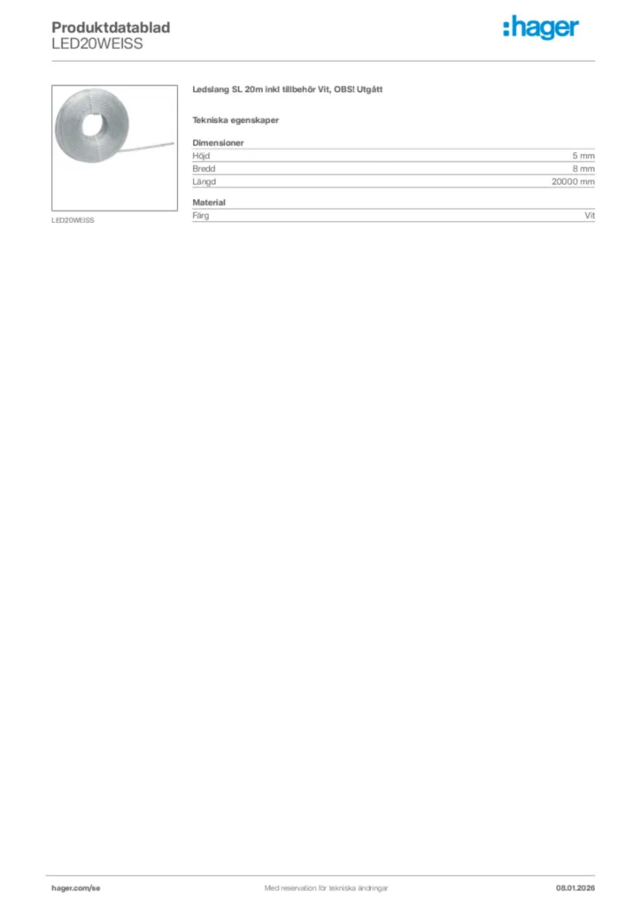 Bild Hager Produktdatablad LED20WEISS | Hager Sverige