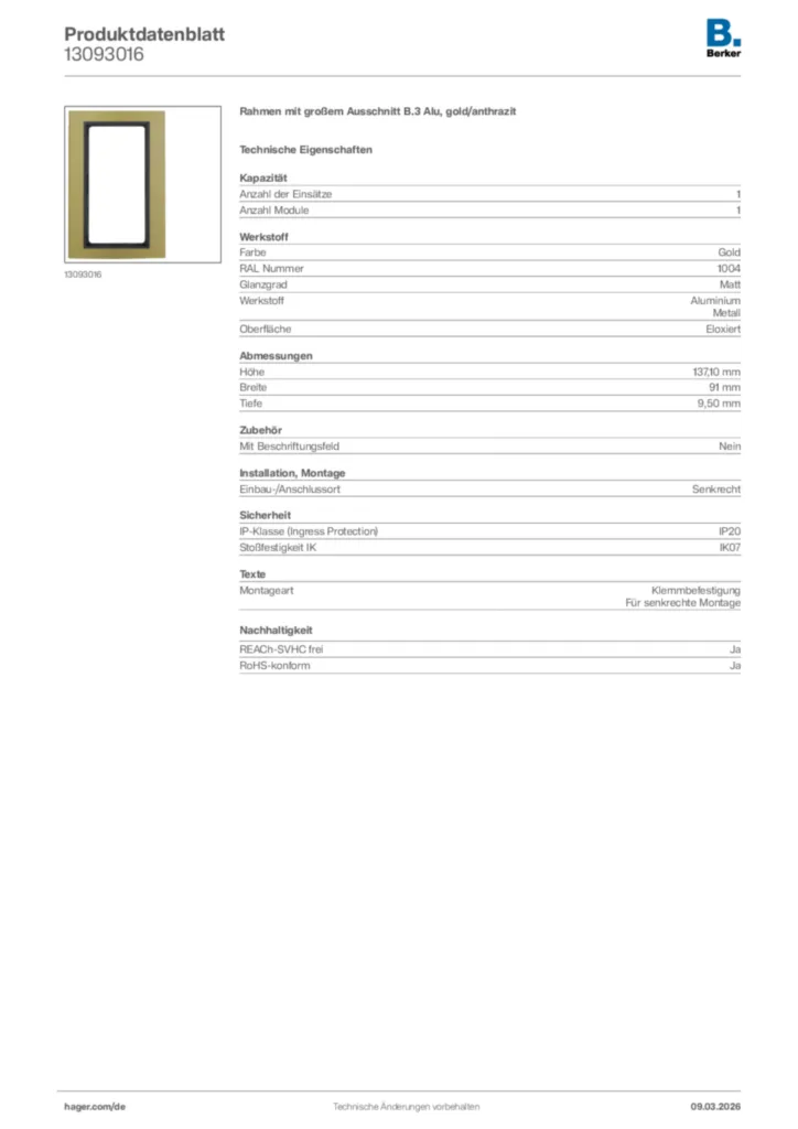 Bild Berker Produktdatenblatt 13093016 | Hager Deutschland